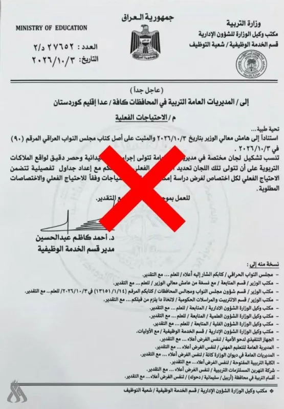 التربية تنفي صحة كتاب متداول بشأن الاحتياجات الفعلية للملاكات التربوية